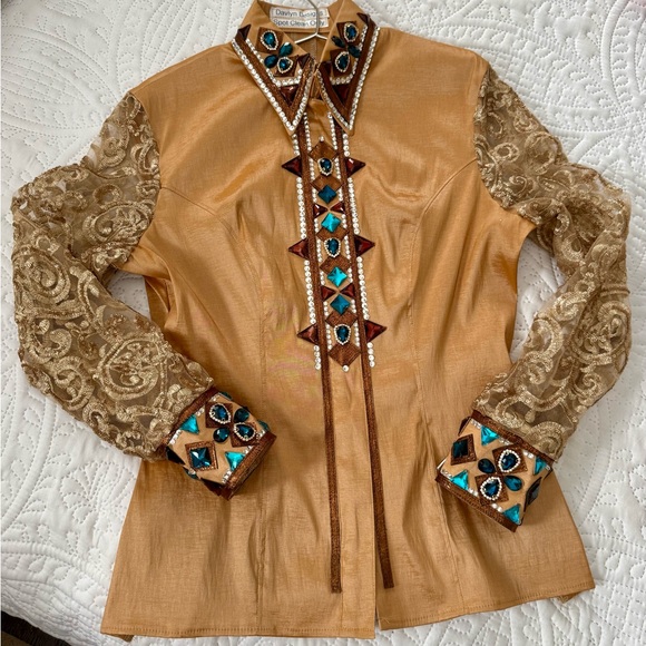 Davlyn Designs Tops - Davlyn Designs Gold and Brown Embellished Reining/Western Riding Show Shirt
